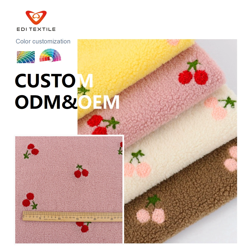 Wholesale Custom Design 100% Recycled Polyester Knitted Embroidery Cherry Customization Faux Fake Fur Fabric for Home Textile