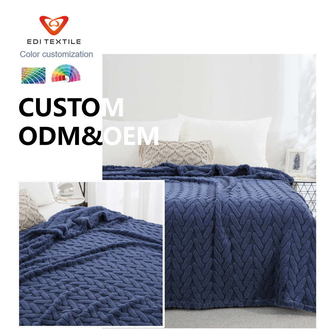 Navy Blue Herringbone Cable Knit Jacquard Double Layer Reversible Sherpa Fleece Throw Blanket, Ultra Thick Cloud Soft Warm Cozy Blanket for Couch Sofa Bed
