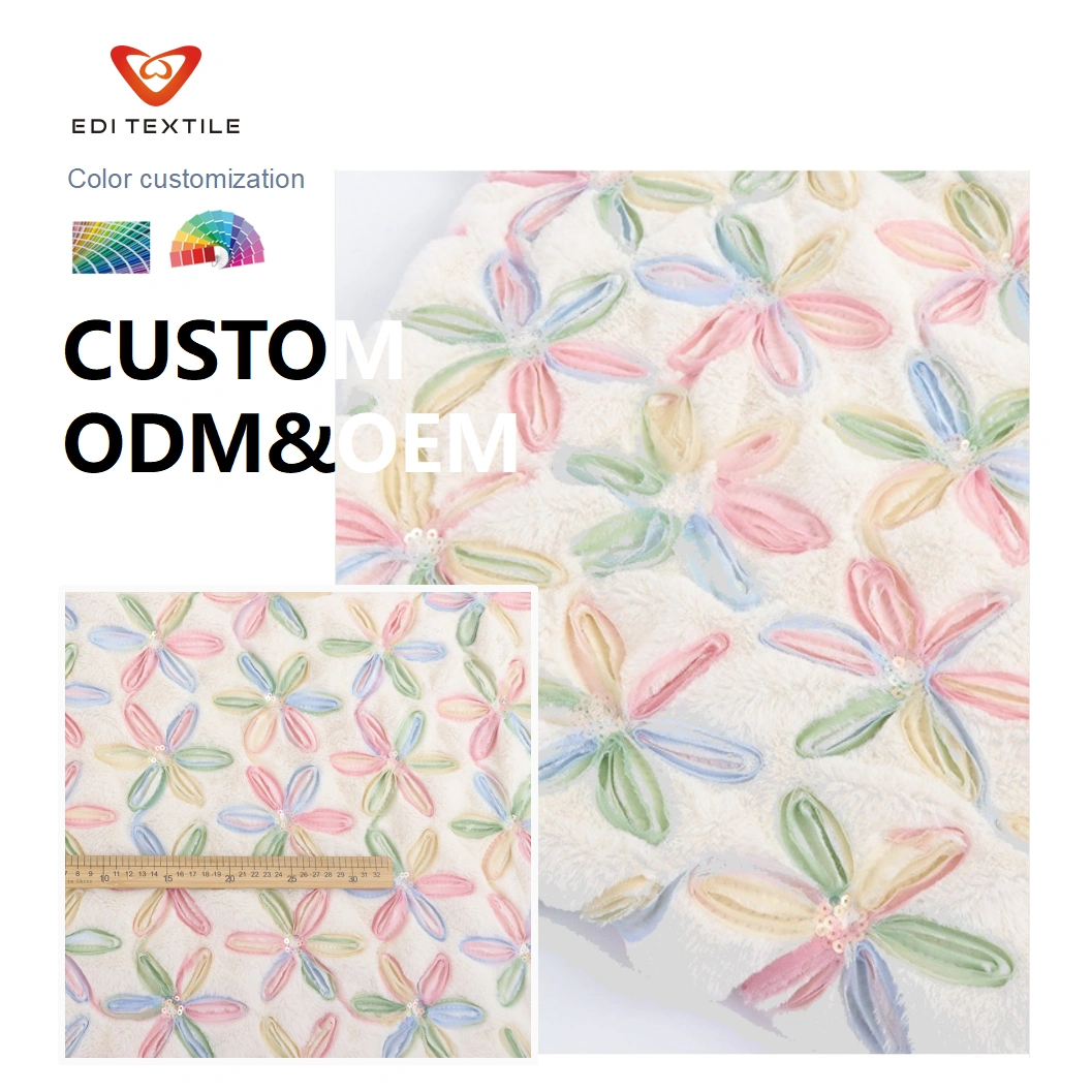 Soft Colorful Coiling Flower Embroidery Plush Faux Rabbit Fur Fleece Plush Fabric for Garments Cushion Cover Warm Winter Coat