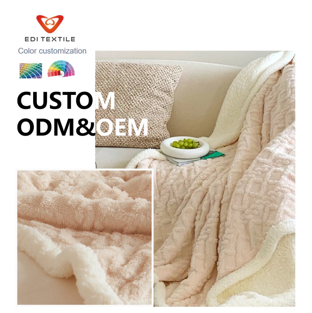 Factory Direct Supply Blush Pink 3D Embossed Jacquard Double Layer Flannel Sherpa Throw Blanket Soft Fluffy Thick Warm Reversible Fuzzy Blanket for Sofa Bedroom Cream Style Home Decor