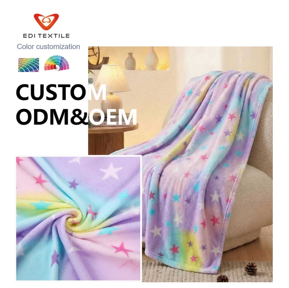  Soft Warm Custom Rainbow Star Printed Flannel Blanket for Wholesalers, Chain Supermarkets & Global Home Textile Importers