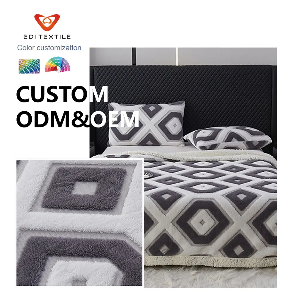 Factory Direct Supply Charcoal Grey 3D Tufted Geometric Diamond Double Layer Flannel Sherpa Throw Blanket for Wholesaler