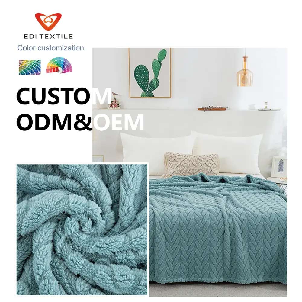 Wholesale Teal Blue Herringbone Chevron Jacquard Sherpa Fleece Throw Blanket 60x80inch for Global Home Textile Importers Distributors Hotel