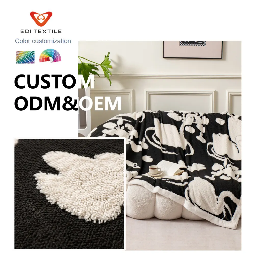Factory Direct Wholesale Black White Abstract Floral Cationic Dyed Jacquard Sherpa Fleece Throw Thick Blanket for B2B Wholesaler 