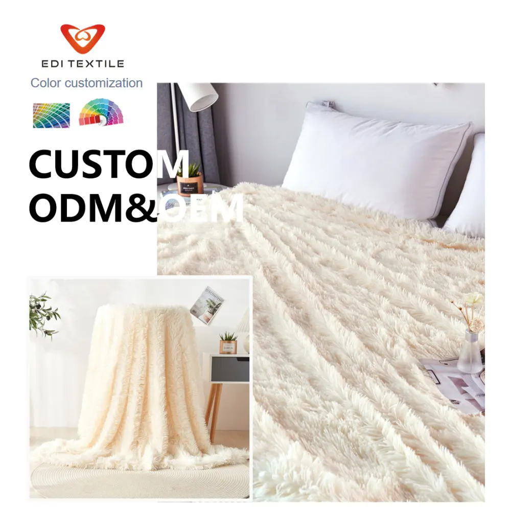 Factory Direct Wholesale Cream Beige Reversible Shaggy Long Pile PV Fleece & Flannel Throw Blanket Premium Anti-Shed Fuzzy Plush Blanket for Supermarket Home Textile