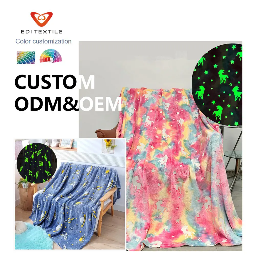 Kinders se glo-in-the-dark flanneelgooi-blanket OEM ODM aangepaste ontwerpe vir supermarkte, kinderhuisgoedere, groothandelaars en invoerders