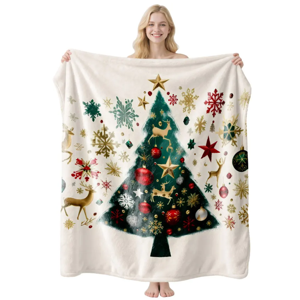 Flanell-Wurfdecke mit Motivdruck Weihnachtsbaum, Schneeflocke und Rentier – extrem weiche, gemütliche und warme festliche Feiertagsdecke für Heimtextilien, Couch, Sofa, Wohnzimmer und Schlafzimmer
