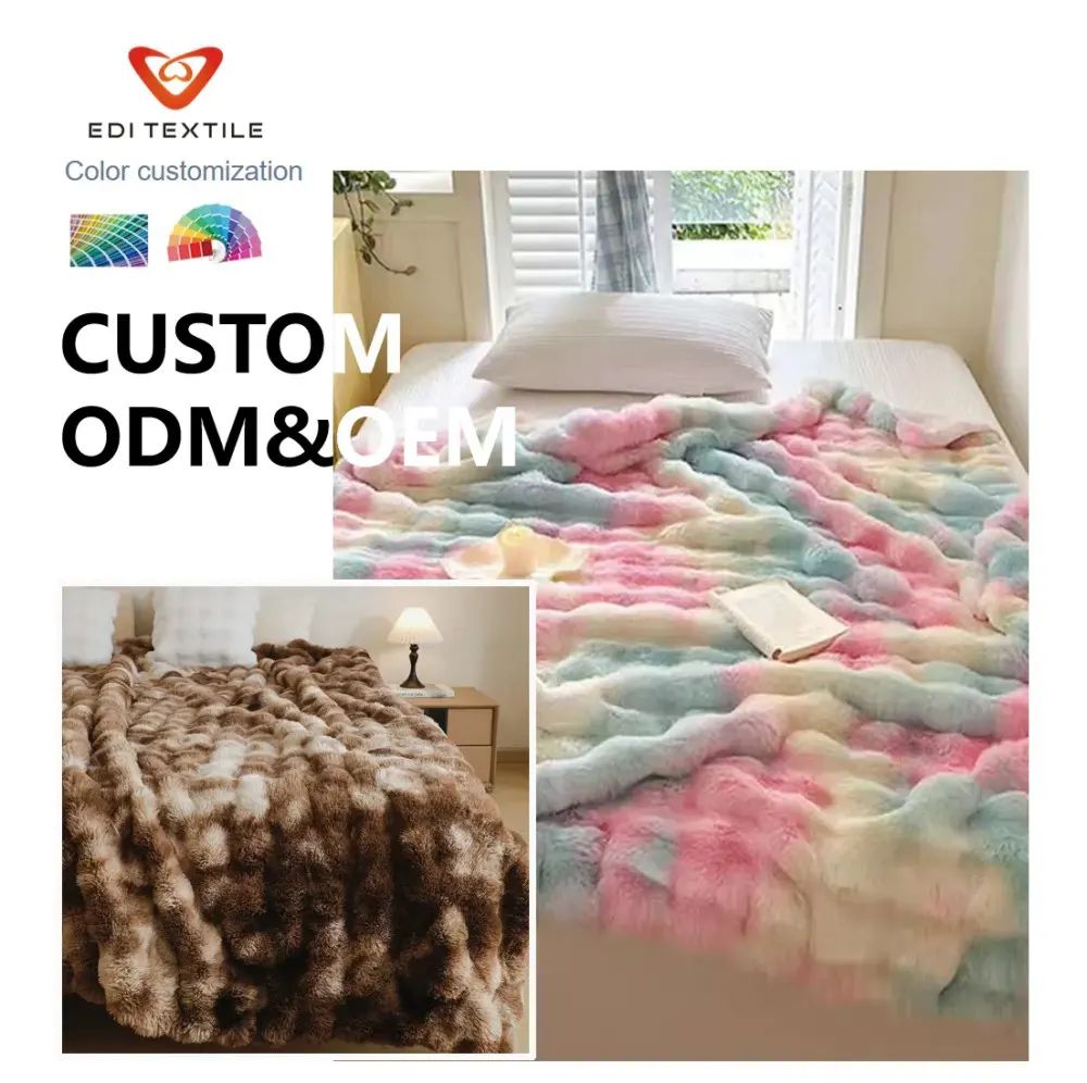 Plapumă cu blană falsă de iepure cu efect de bule, dublu față flanelă, cu culori de vis – curcubeu și nuanțe terestre, texturată, moale și călduroasă, pentru canapea sau sofa