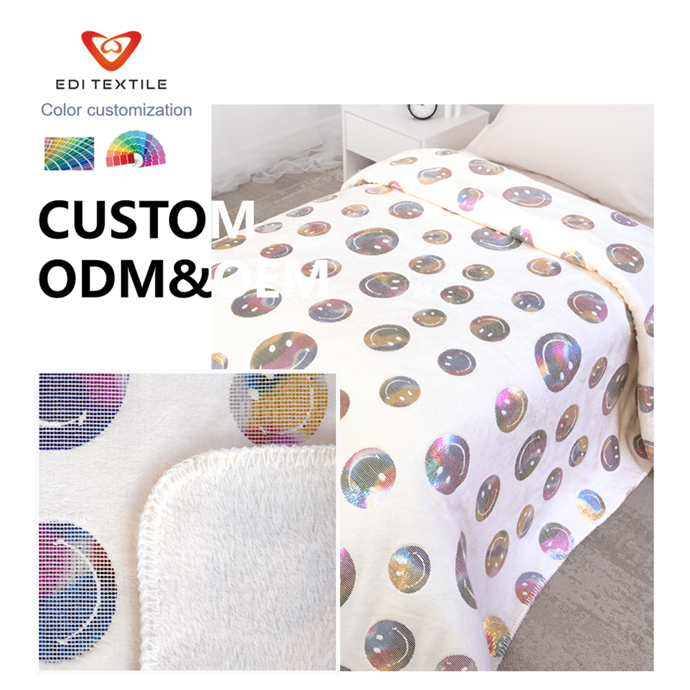 Double Layers Smiley Print Sherpa Flannel Blanket Aesthetic Throw Custom ODM OEM for Bedroom & Wholesaler