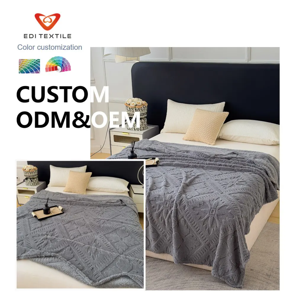  Custom OEM ODM Floral Geometric Sherpa Fleece Blanket, Private Label Jacquard Textured Plush Throw for Global Premium Home Textile Importers & Brand Distributors Color, Size & Fabric Weight Fully Supported