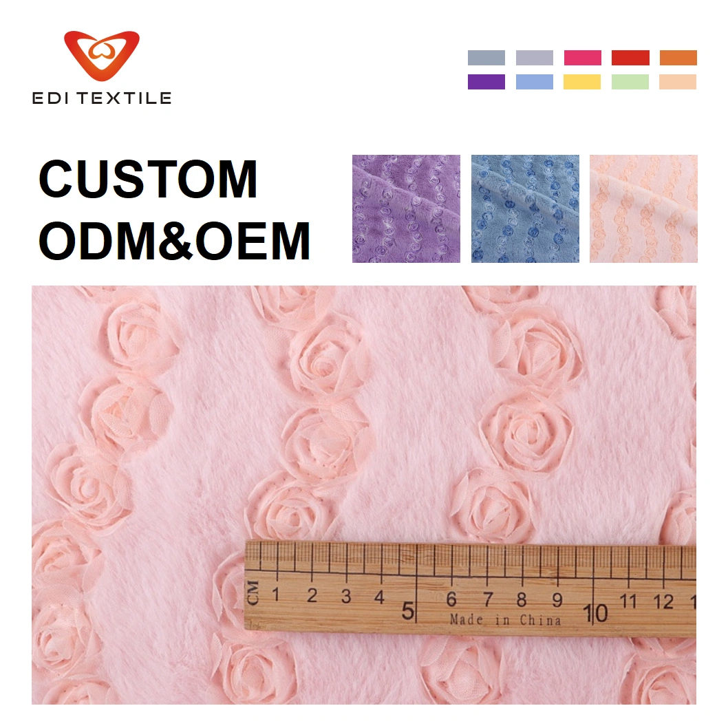 PV Velvet Rabbit Hair with Small Rose 3D Embroidery Fluffy Pile DIY Sewing Plush Fabric Blankets Sweaters Bedding Handmade Bedding