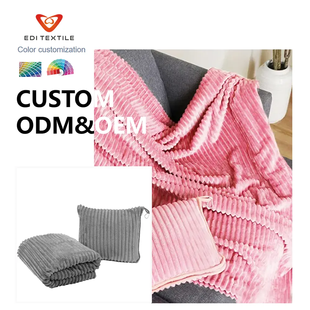 Factory Direct Wholesale Vertical Ribbed Striped Flannel 2-in-1 Foldable Travel Blanket for Airplane Supermarket
