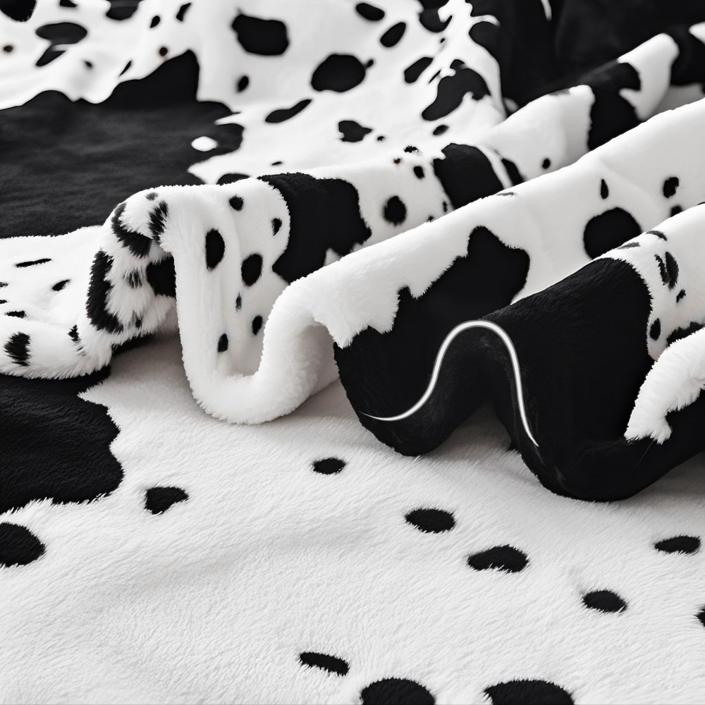 Brown and white cow print flannel throw blanket draped over a brown couch, showcasing soft texture and farmhouse style
