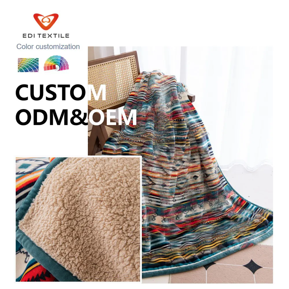 Custom Double Layer Printed Flannel Sherpa Blanket Throw Blanket for Sofa Bed Living Room Boho Home Decor