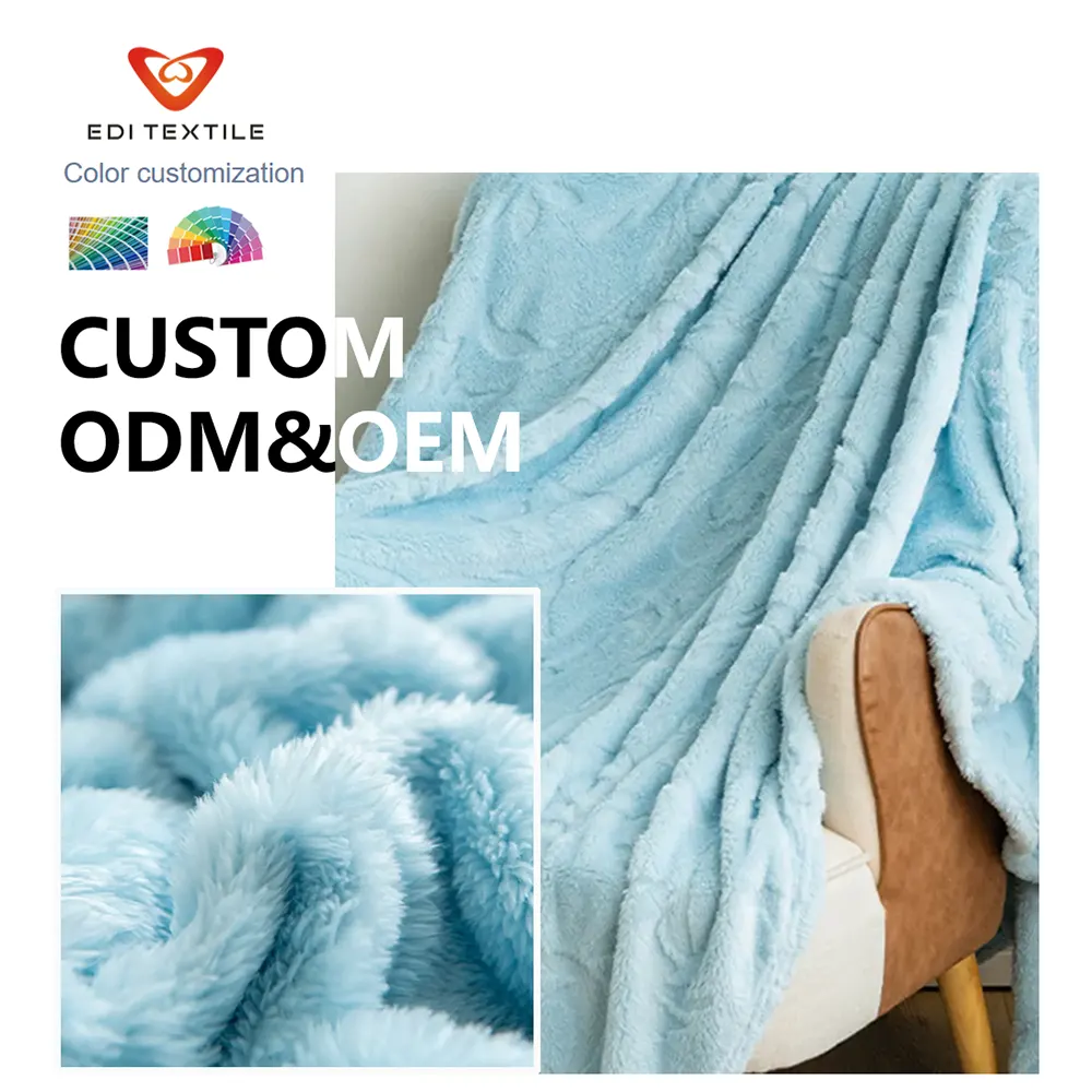 Wholesale Light Sky Blue Jacquard Reversible Sherpa Fleece Throw Blanket Custom OEM ODM Private Label Bulk gsm Blanket for big Wholesaler