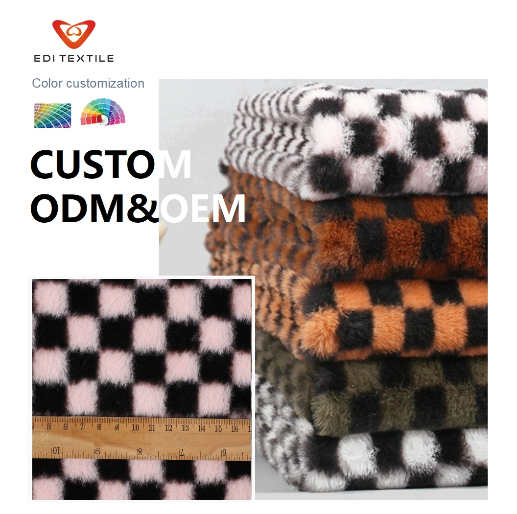 High Quality No Shed Hair Plaid Check Pattern Printed Resistant Rabbit Faux Fur Fabric Polyester for Garment Bag Home Textile