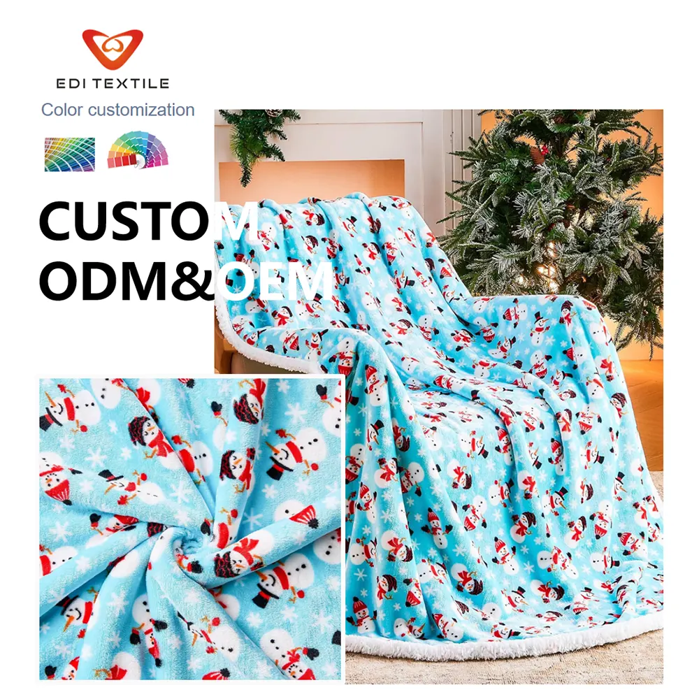 Custom Christmas Snowman Cartoon Double Layer Flannel Sherpa Blanket for Children Holiday Gifting, Winter Napping