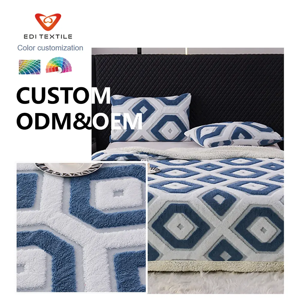 Factory Direct Supply 3D Tufted Geometric Diamond Double Layer Flannel Sherpa Throw Blanket Blue White Modern Textured Plush Fleece Blanket with Sherpa Reverse Custom OEM ODM Bulk Premium Blanket for Sofa Bedroom Luxury Home Decor