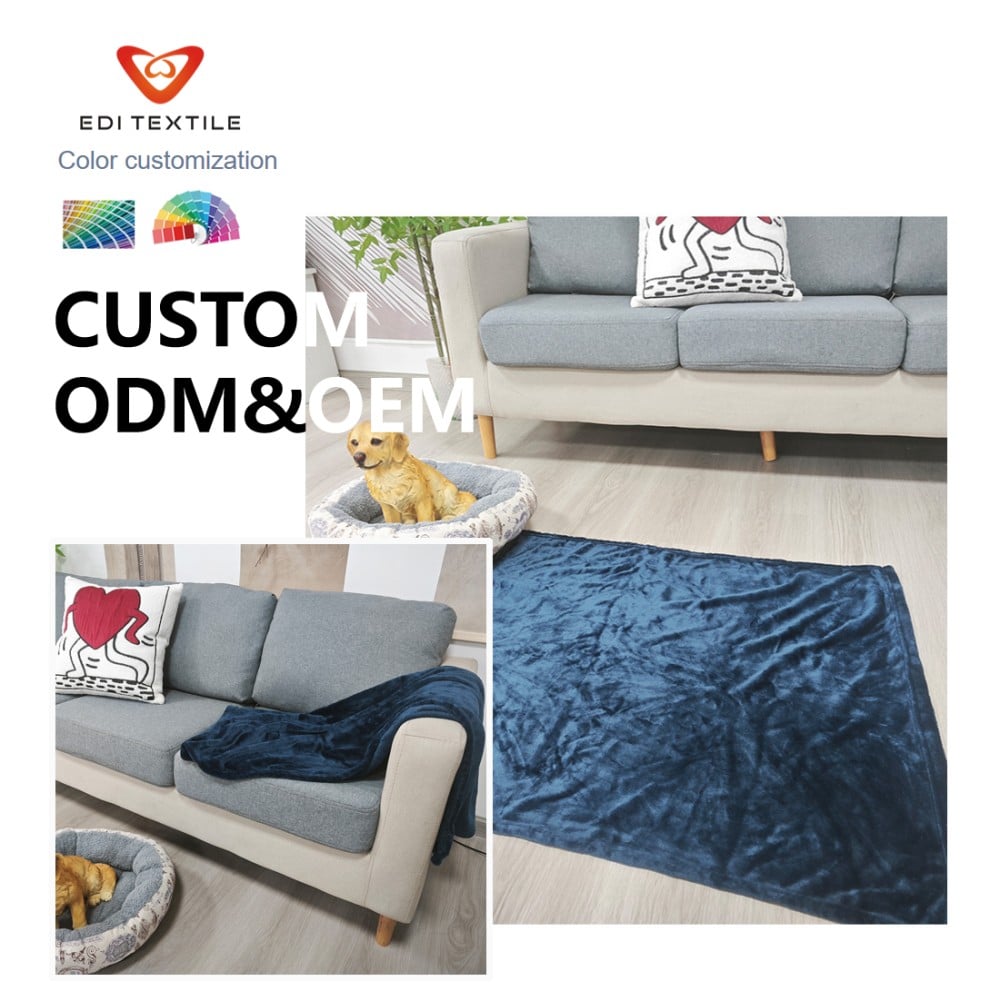 Custom Solid Blue Color Dyed Flannel Throw Blanket for mass supermarkets and home textile wholesalers