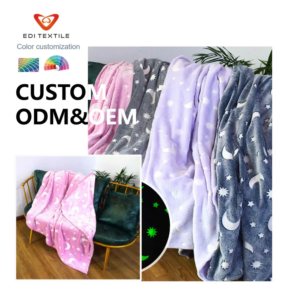 Gloed-in-die-donker-kindertafeldekking van flanneel vir bed en bank, geskenk vir verjaarsdae, groothandelaar-aangepaste OEM- en ODM-oplossings vir tekstielimporteurs en groothandelaars