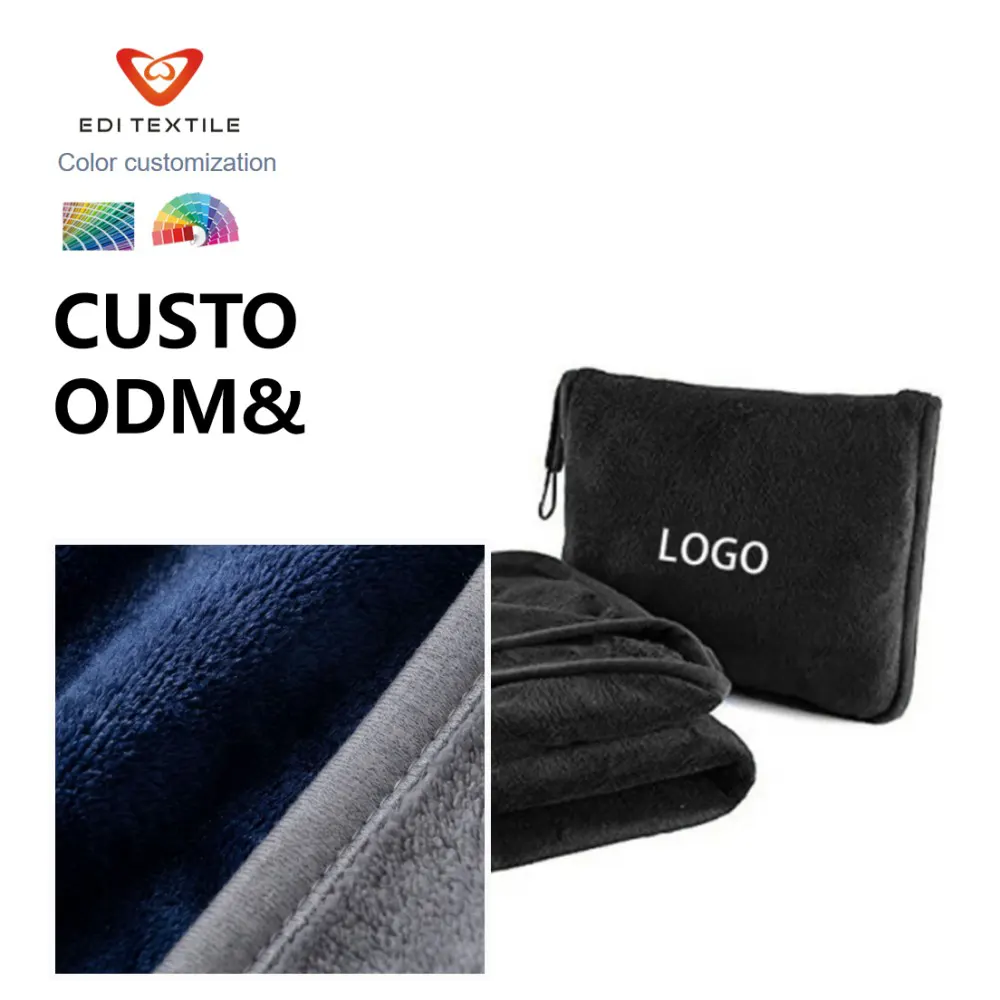 Factory Direct Wholesale Reversible Dual-Layer 2-in-1 Zipper Pouch Flannel Travel Blanket Pillow for Business Trip Long-Haul Flight Office Nap Camping Road Trip