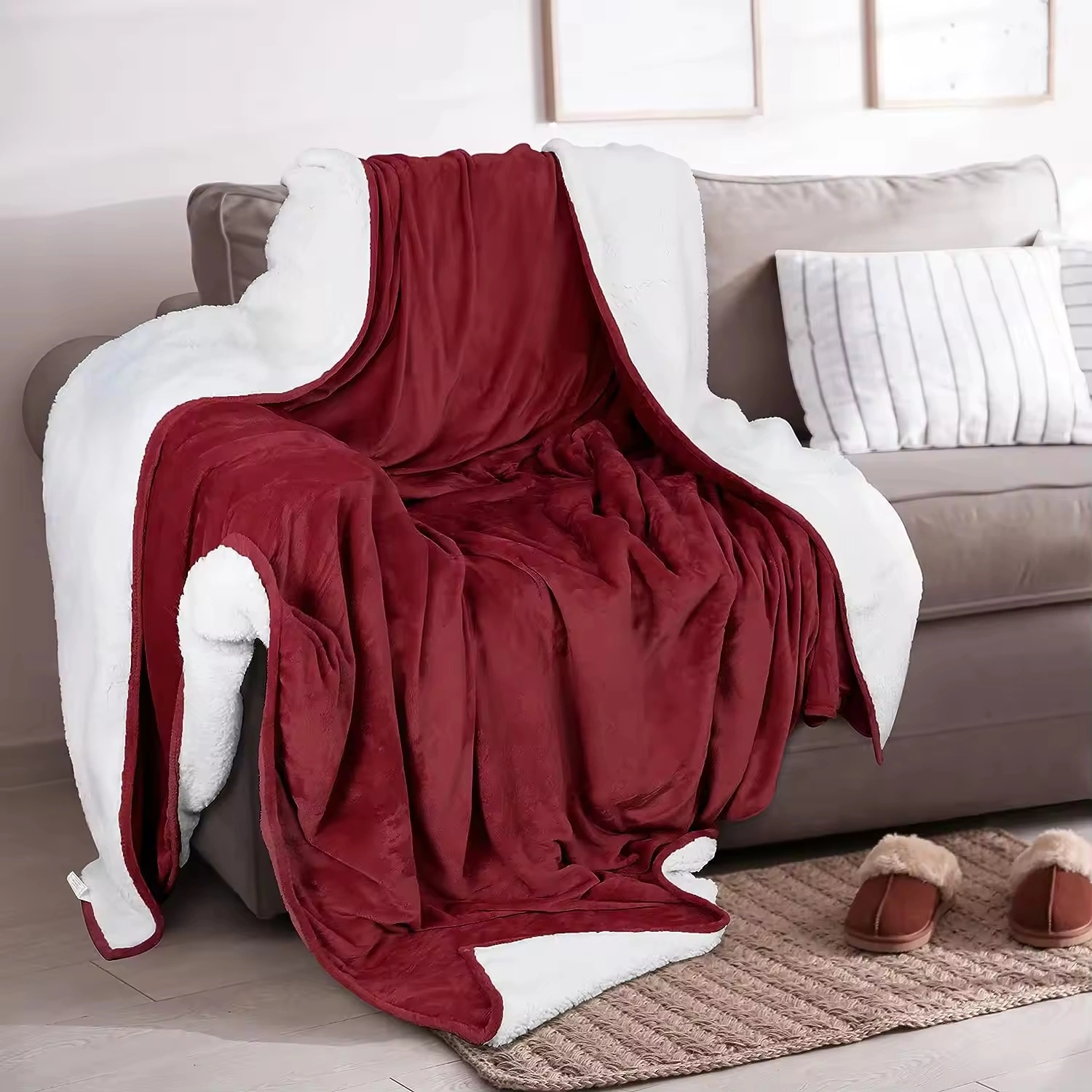 Custom Thick Queen Size Warm Plush Reversible Flannel Sherpa Fleece Blanket for Bed Sofa Double Layer Sides Thick Weave Blanket