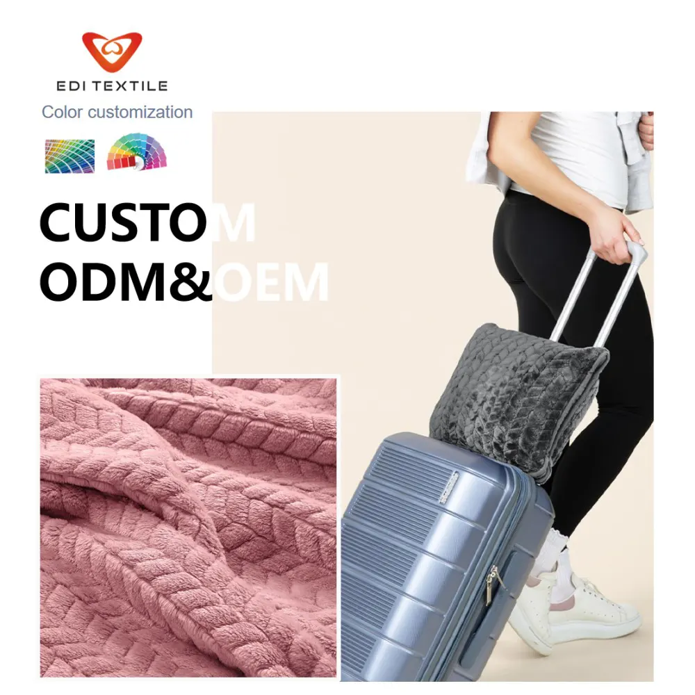 Factory Direct Wholesale Chevron Jacquard Textured lightweight 2-in-1 Foldable Flannel Travel Blanket Anti-Pilling Thick Warm Compact Airplane Throw Blanket for Business Trip Office Nap Camping Road Trip