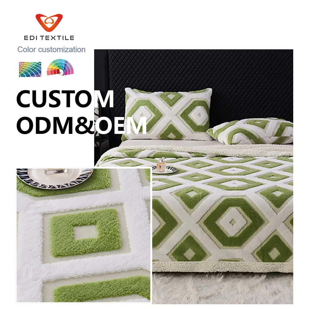 Factory Direct Supply Sage Green 3D Tufted Geometric Diamond Double Layer Flannel Sherpa Throw Blanket for Global Importers & Wholesale Distributors