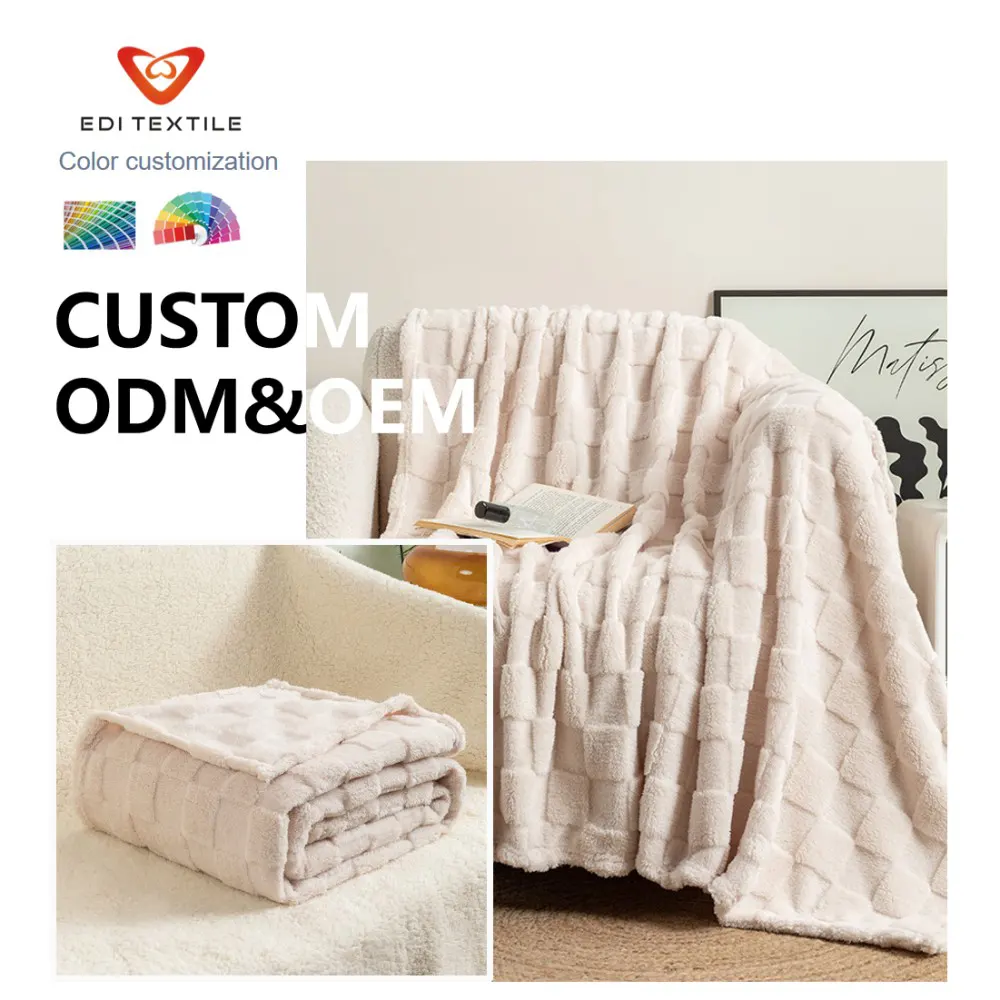 Wholesale Ivory 3D Checkered Jacquard Reversible Sherpa Fleece Throw Blanket Premium Anti-Pilling Textured Thick Warm 50x60 inch Plush Blanket for Chain Supermarket Home Textile