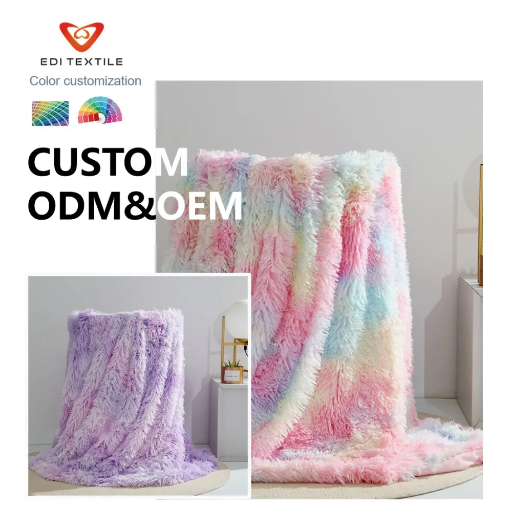 Factory Direct Wholesale Rainbow Gradient Tie Dye Reversible Shaggy PV Fleece & Flannel Throw Blanket