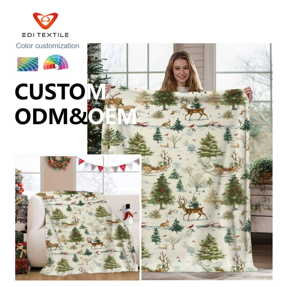 Christmas Forest Flannel Blanket with Reindeer, Tree & Sleigh Print  Wholesale & Customizable Throw for Medium/Large Supermarkets