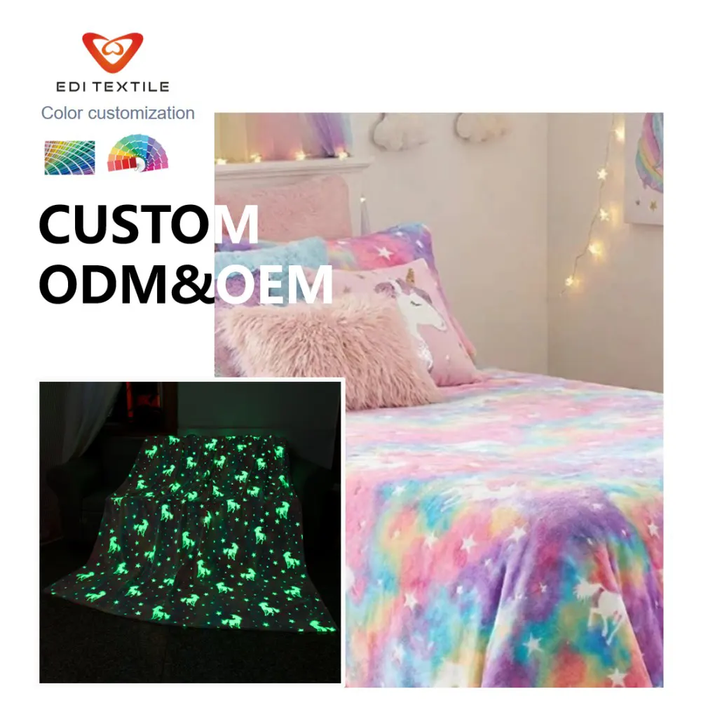 Custom Glow In The Dark Unicorn Rainbow Print Flannel Blanket  Soft Warm for Wholesalers, Chain Supermarkets and Global Importers