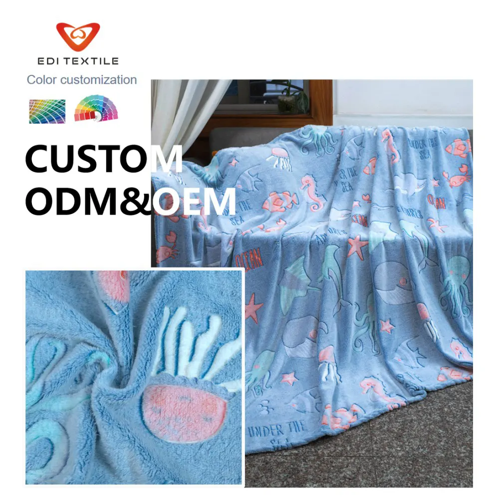 Custom Glow‑in‑the‑Dark Printed Flannel Blanket, Soft Warm Ocean‑Themed Luminous Throw Blanket for Kids Bedroom Sofa Home Decor, Customizable Pattern Color Size & Gram Weight, ODM OEM Bulk Supply for Wholesalers, Chain Supermarkets & Global Home Textile 