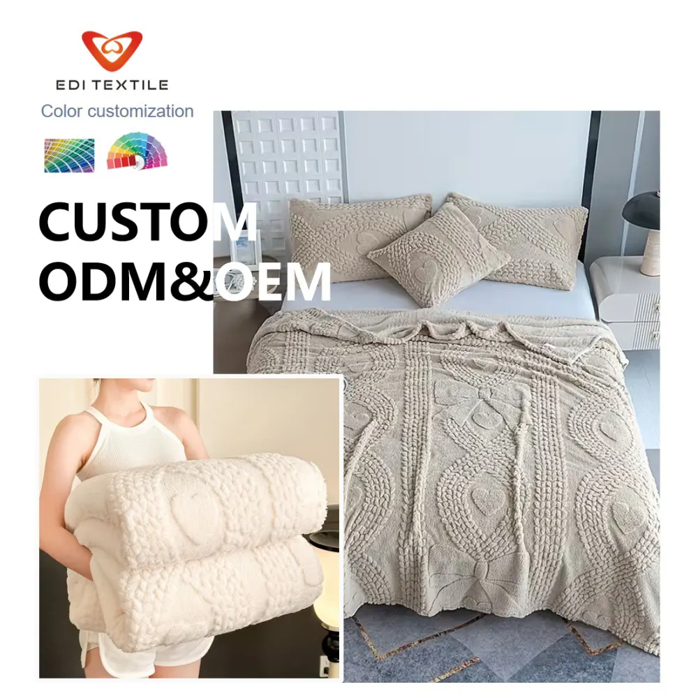 Factory Direct Supply Cream Beige 3D Embossed Heart Bow Jacquard Double Layer Flannel Sherpa Blanket for global home textile importers