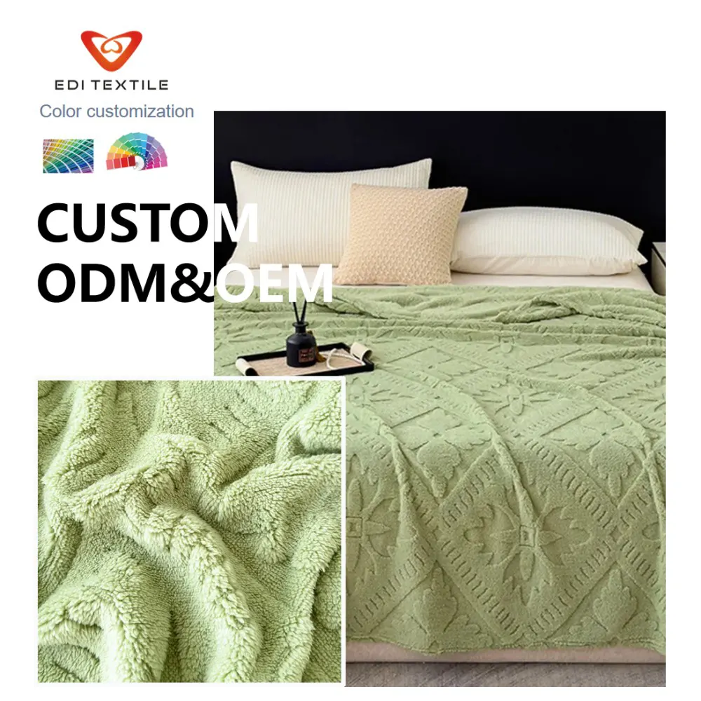 Factory Direct Wholesale Light Green Floral Geometric Jacqurd Sherpa Fleece Throw Blanket Premium Textured Thick Warm Plush Blanket for Wholesaler Home Textile