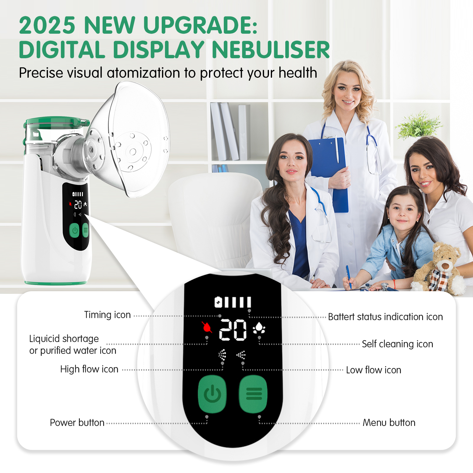 Portable Mini Smart Inhaler Digital Nebulizer Machine Rechargeable Medical Atomizer for Pediatric Baby Adult Homecare Operate with AA batttery or Type C cable Two airflow levels Household Built-in Battery Nebuliz (.jpg