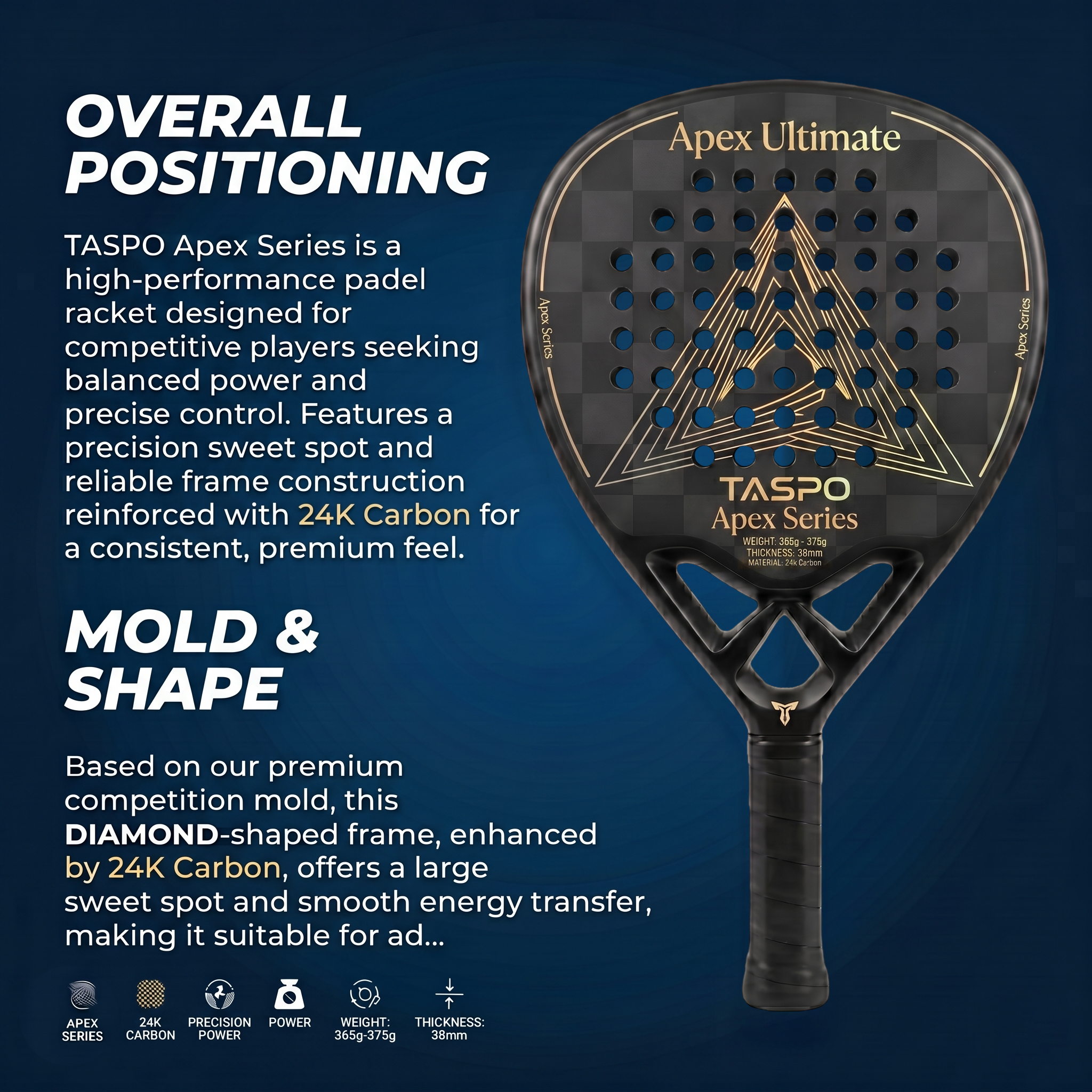 Taspo Apex Ultimate 24K Carbon Padel Racket - Professional Diamond Shape Power Paddle