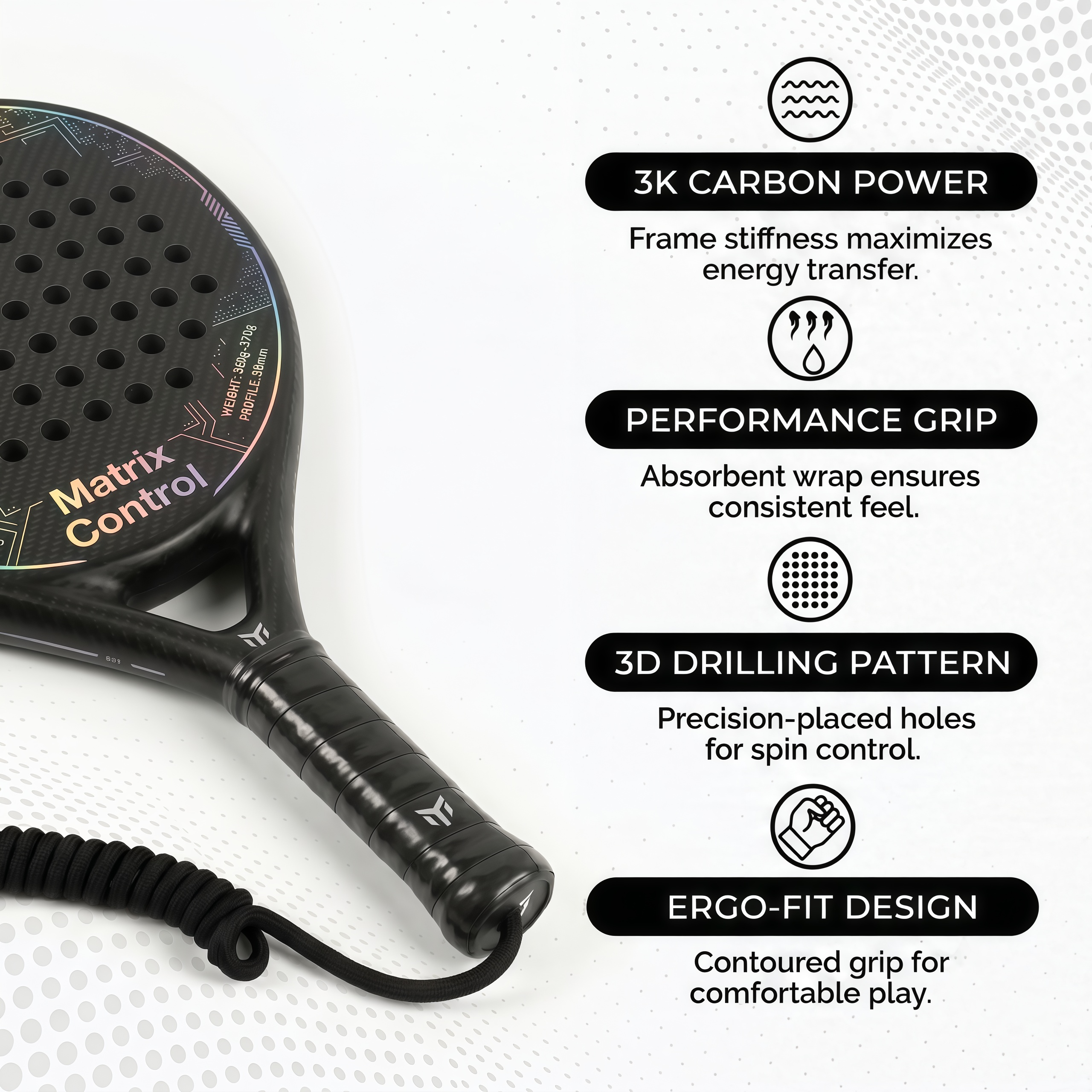 Taspo Matrix Control Padel Racket - 3K Carbon Teardrop Shape with Multi-EVA Core