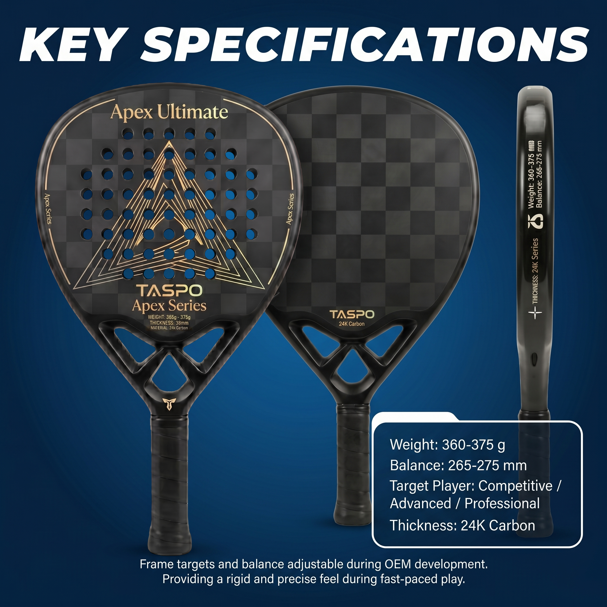 Taspo Apex Ultimate 24K Carbon Padel Racket - Professional Diamond Shape Power Paddle