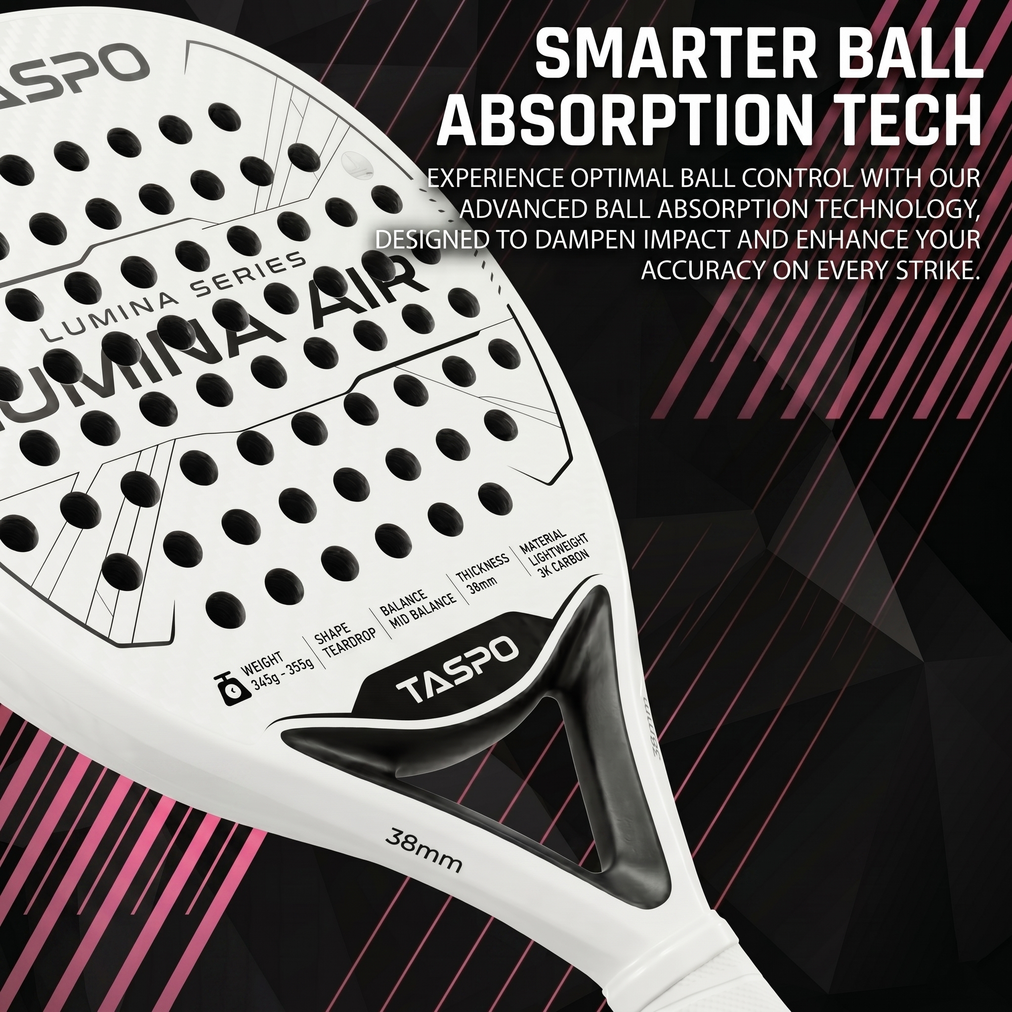 Taspo Lumina Air Lightweight Padel Racket - 3K Carbon Teardrop Shape for Women