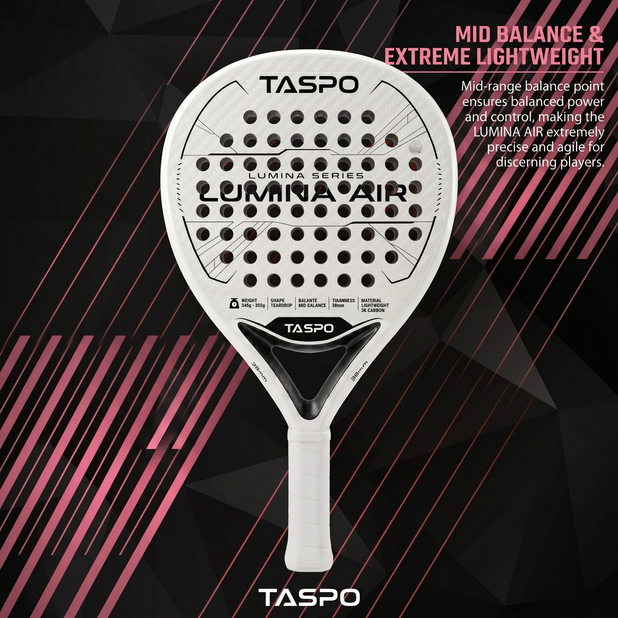 Taspo Lumina Air Lightweight Padel Racket - 3K Carbon Teardrop Shape for Women
