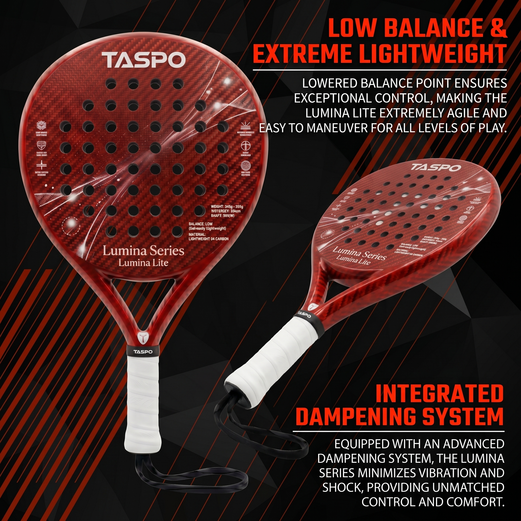 Taspo Lumina Lite Women's Padel Racket - Lightweight 345g 3K Carbon Round Shape