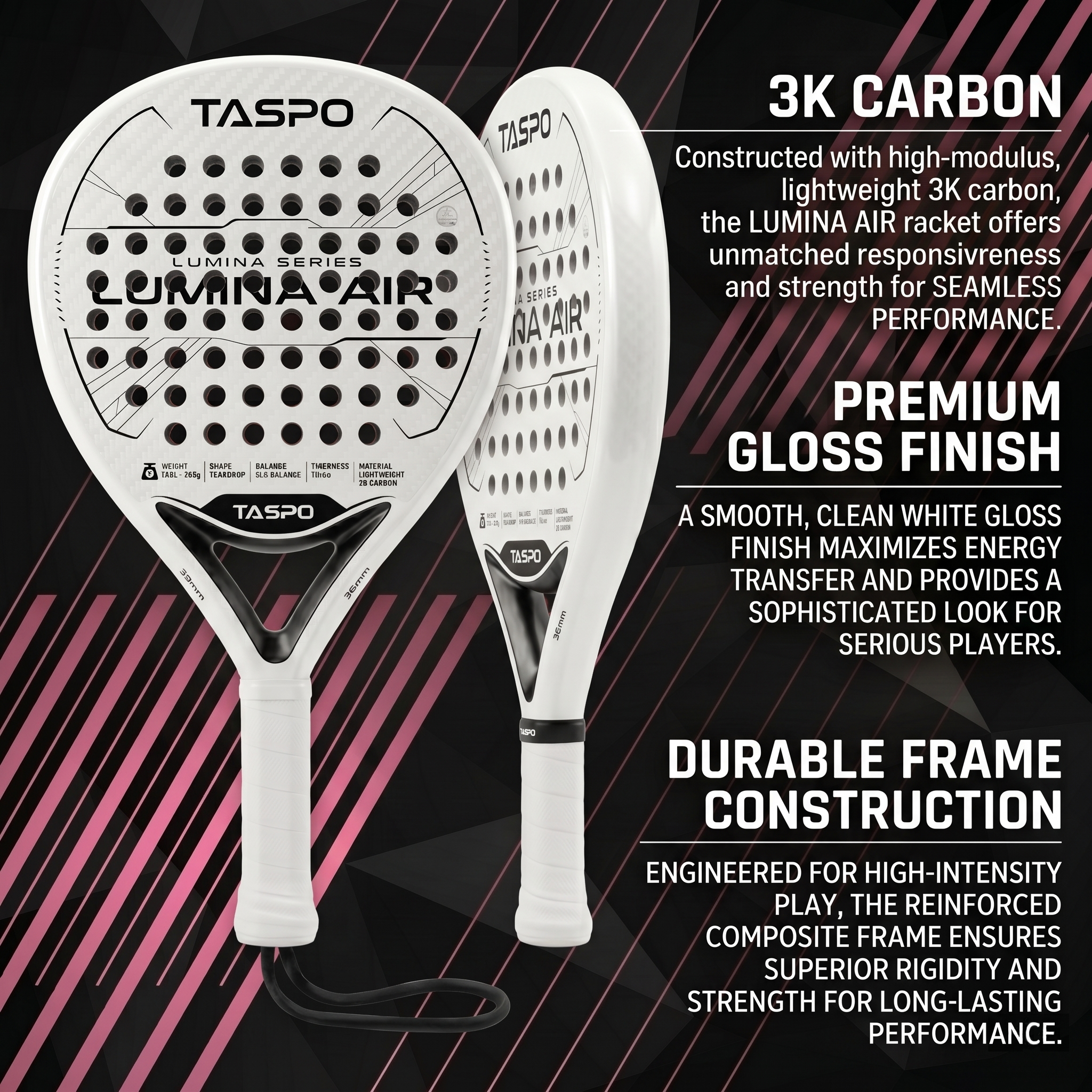 Taspo Lumina Air Lightweight Padel Racket - 3K Carbon Teardrop Shape for Women