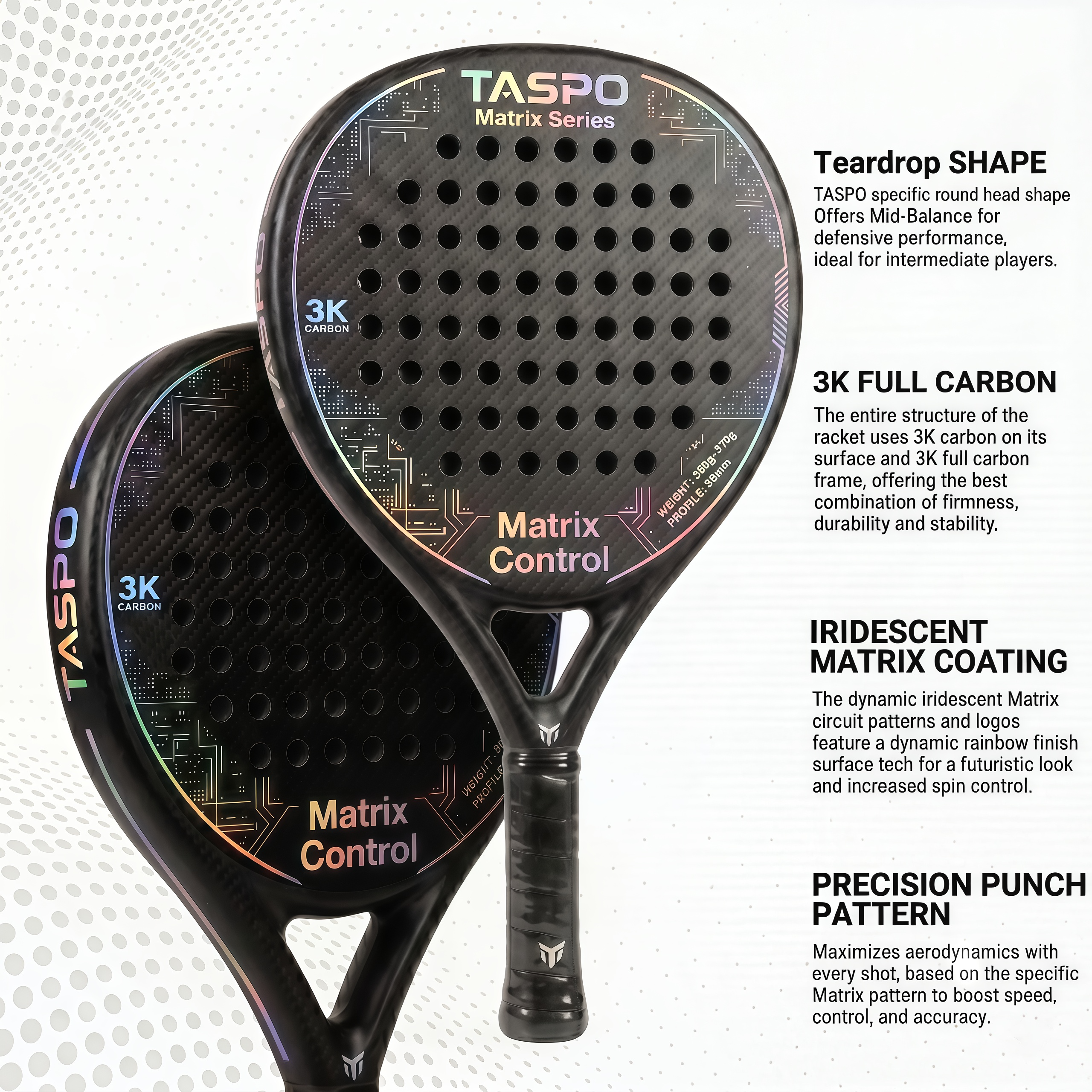 Taspo Matrix Control Padel Racket - 3K Carbon Teardrop Shape with Multi-EVA Core