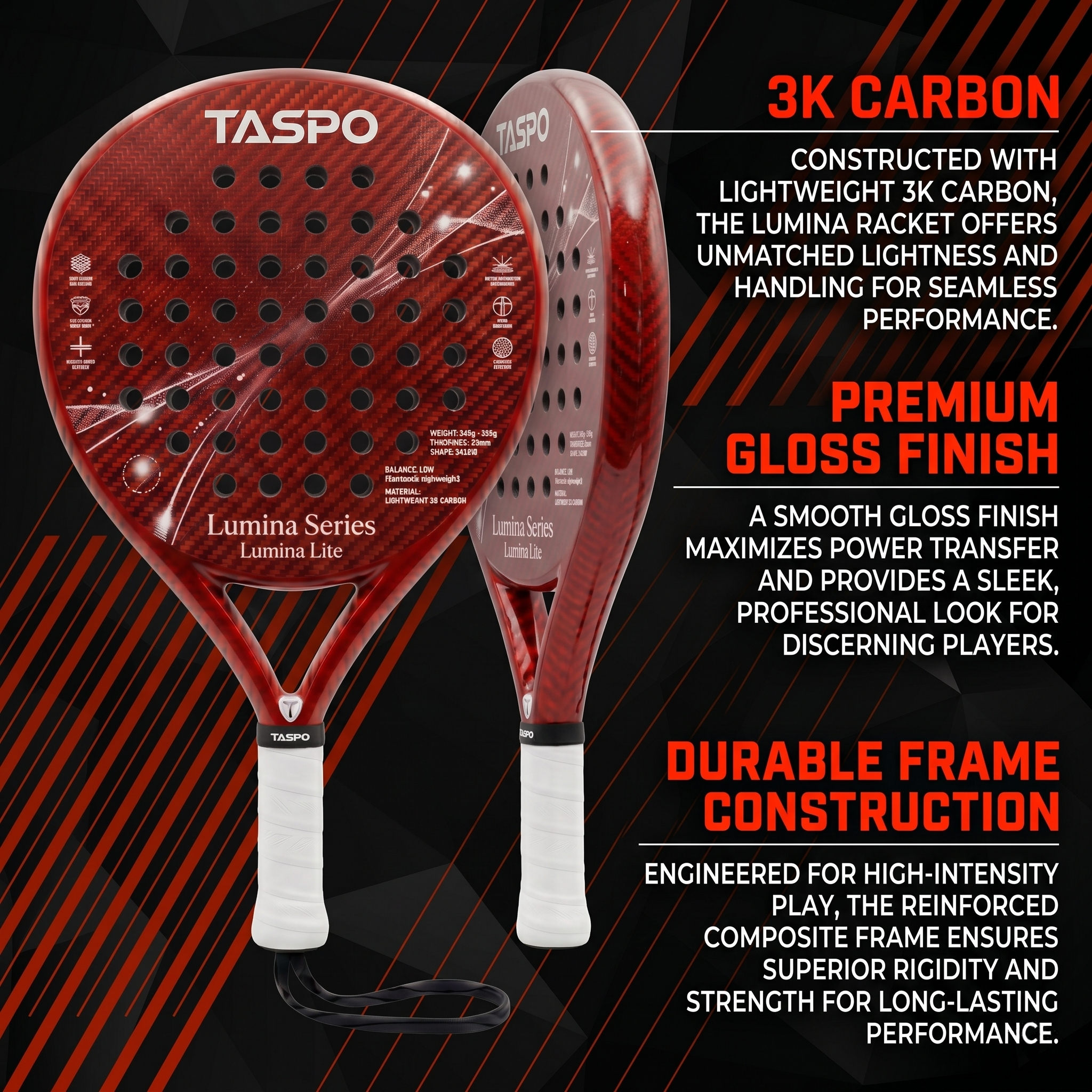 Taspo Lumina Lite Women's Padel Racket - Lightweight 345g 3K Carbon Round Shape