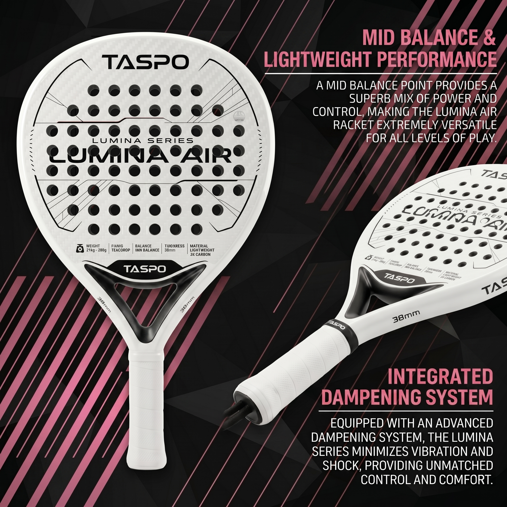 Taspo Lumina Air Lightweight Padel Racket - 3K Carbon Teardrop Shape for Women