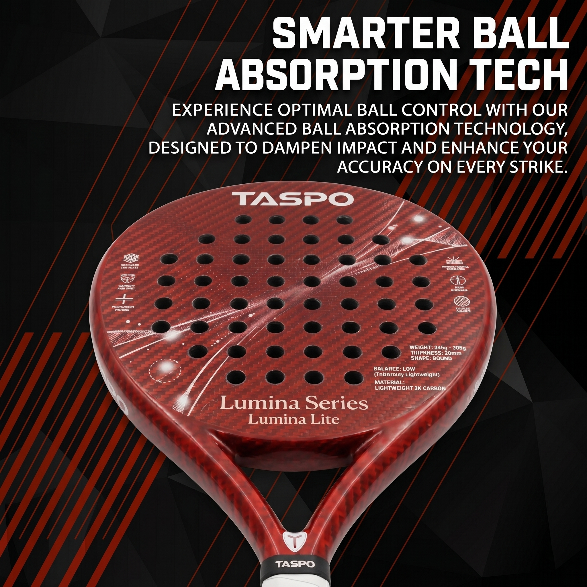 Taspo Lumina Lite Women's Padel Racket - Lightweight 345g 3K Carbon Round Shape