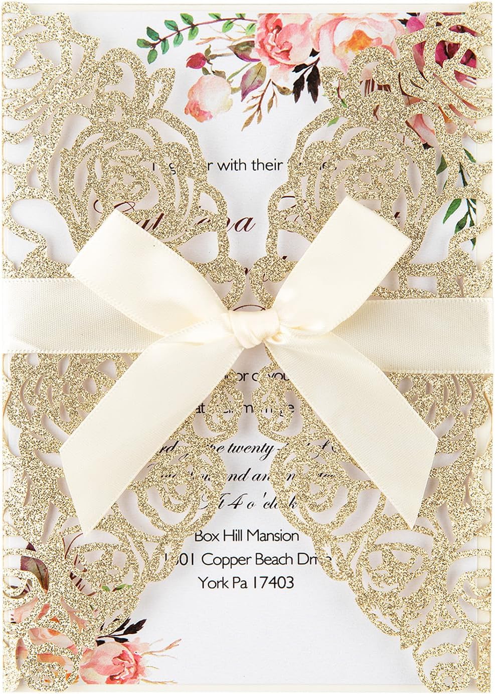 Laser Cut Invitations with Envelopes and RSVP Cards Gold Glitter Hollow Rose Shape Wedding Invitation with Pre-tied Ribbons for Wedding Quinceanera Bridal Shower Engagement Party