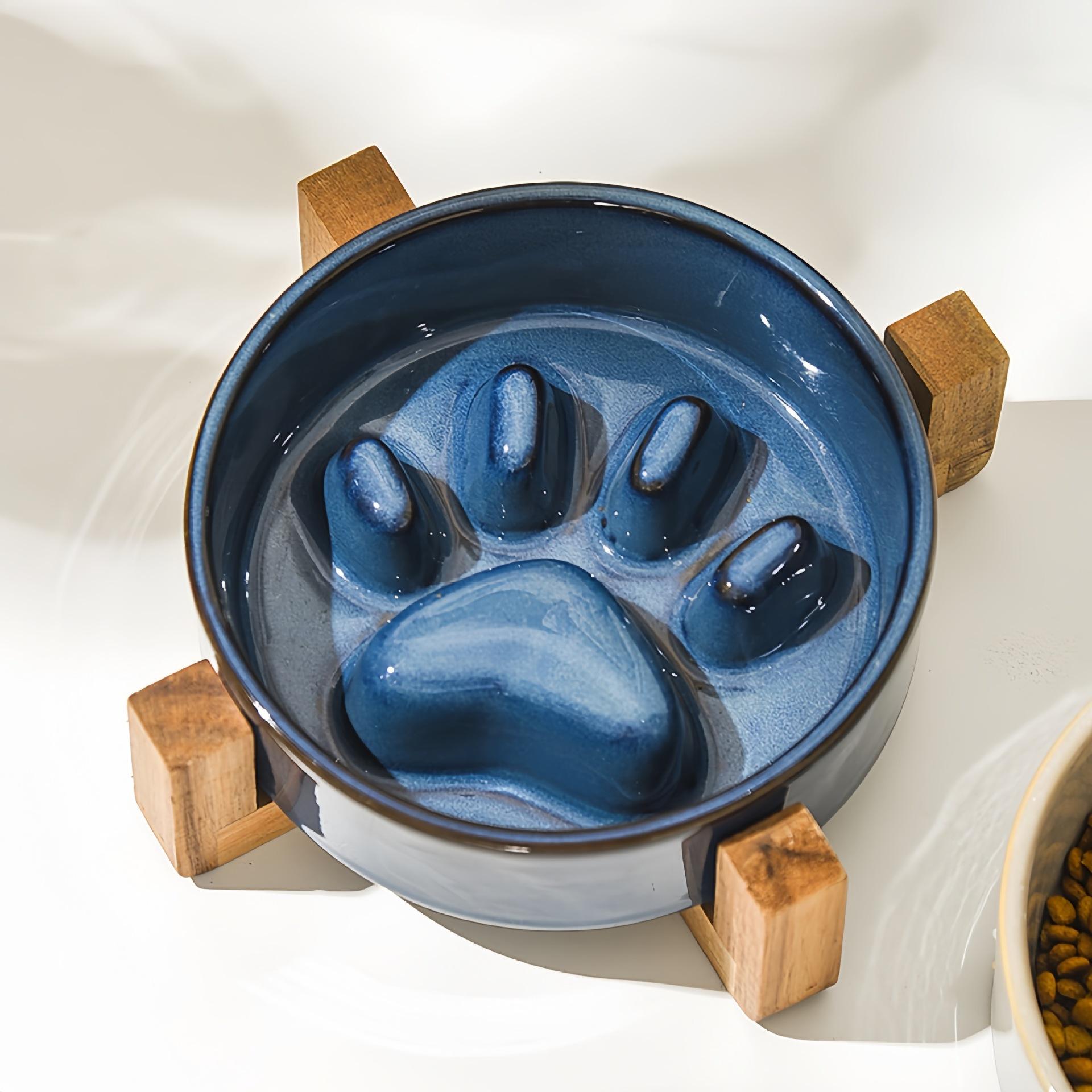 New Slow Food Bowl Elevated Ceramic Food Bowl for Dogs Cats Slow Feeding Bowl Anti Knock Anti Choke Feeder with Wooden Frame