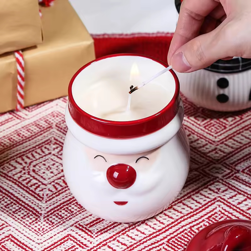 Christmas Decoration Unique Design Ceramic Candle Vessel Fancy Santa Claus Empty Custom Candle Jar with Lid
